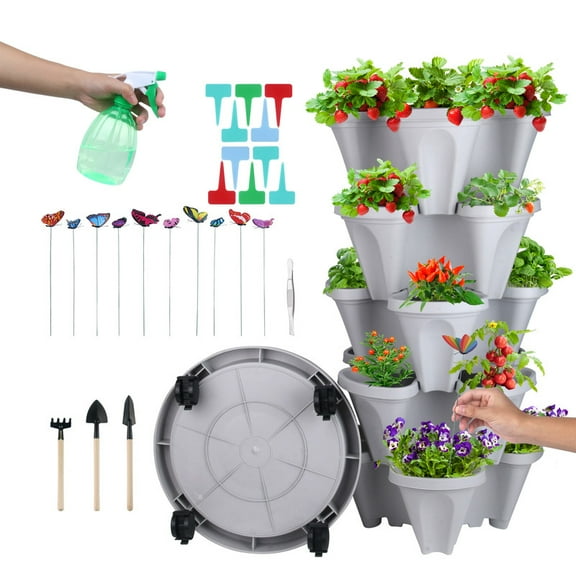 5 Tier Gray Stackable Strawberry Planter Garden Tower for Vegetables Flowers Herbs Succulents Vertical Oasis Grow Your Own
