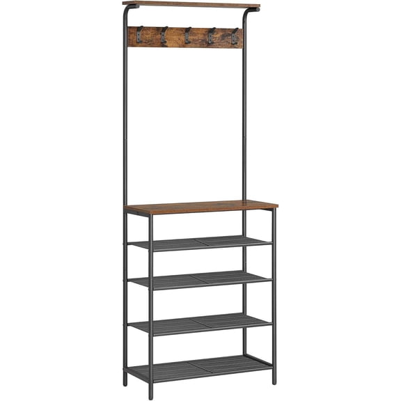 5-Tier Hall Tree with Coat Hooks and Shoe Racks, Industrial Style Entryway Organizer for Hallway, Bedroom, or Dorm