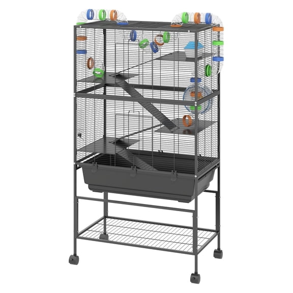 5 Tier Hamster Cage, Rolling Rat Cage with Deep Tray, , Big Exercise Wheel, Hut, Tube System