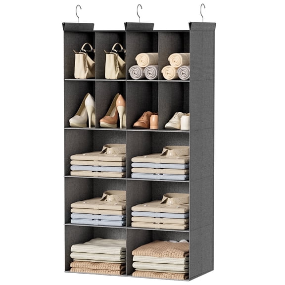5 Tier Hanging Closet Organizer, 14 Compartments Sweater Organizer for Closet with 3 Sturdy Hooks, Closet Organizers and Storage, Wardrobe, Rv, Garment Rack, Grey