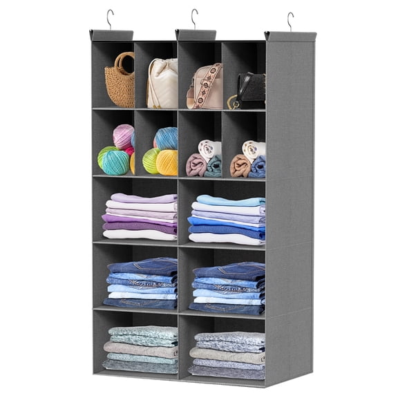 5 Tier Hanging Closet Organizer, 14 Compartments Sweater Organizer for Closet with 3 Sturdy Hooks, Closet Organizers and Storage, Wardrobe, Rv, Garment Rack, Grey
