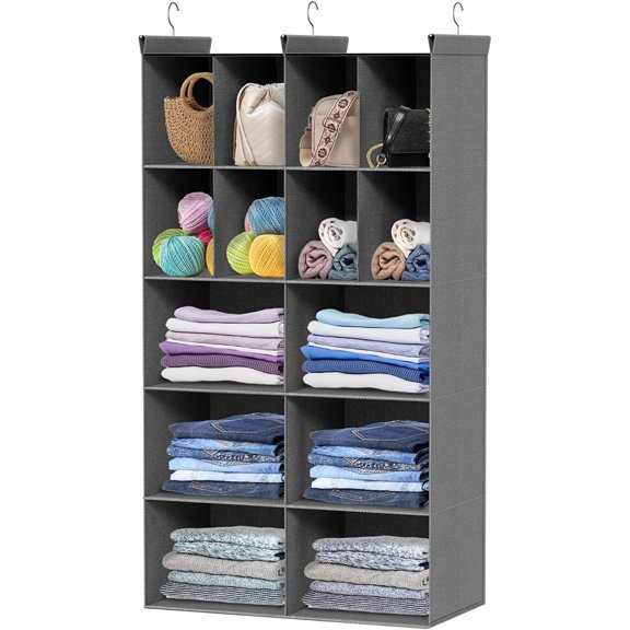 5 Tier Hanging Closet Organizer, 14 Compartments Sweater Organizer for Closet with 3 Sturdy Hooks, Closet Organizers and Storage, Wardrobe, Rv, Garment Rack, Grey