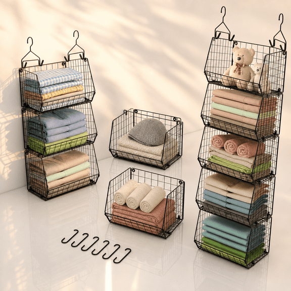 5 Tier Hanging Closet Organizer Black Wire Storage Baskets with Hooks