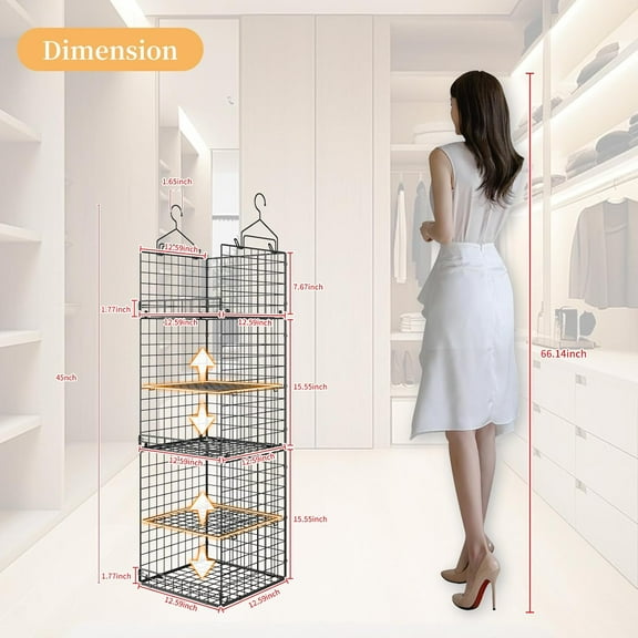 5 Tier Hanging Closet Organizer with Adjustable Dividers, Foldable Storage Baskets for Clothing, Socks, Handbags