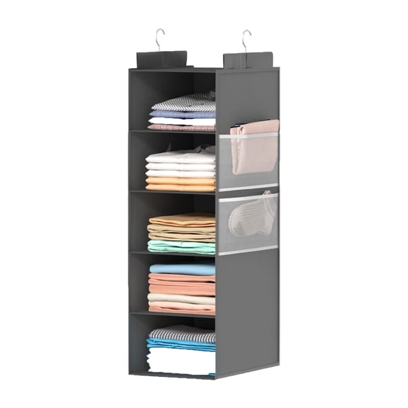 5-Tier Hanging Closet Organizer with Hooks - Foldable Storage Shelves for Clothes, Grey Space-Saving Shelf ﻿