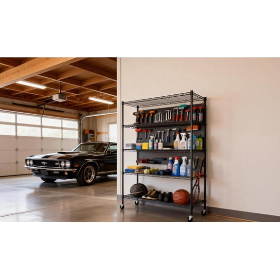 5-Tier Heavy Duty Adjustable Shelf with Wheels, Metal Storage Rack for Garage Warehouse