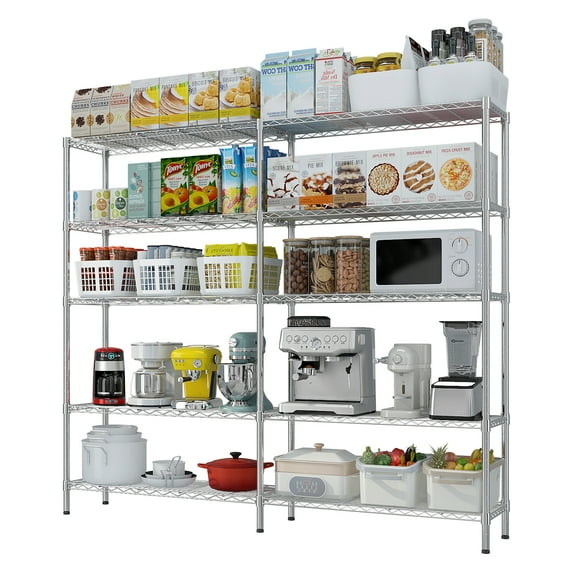 5-Tier Heavy Duty Chrome Shelving Unit, Adjustable Commercial Storage Rack with Leveling Feet, 70" W x 16" D x 71" H, Metal Display Shelves for Garage Pantry Kitchen Warehouse