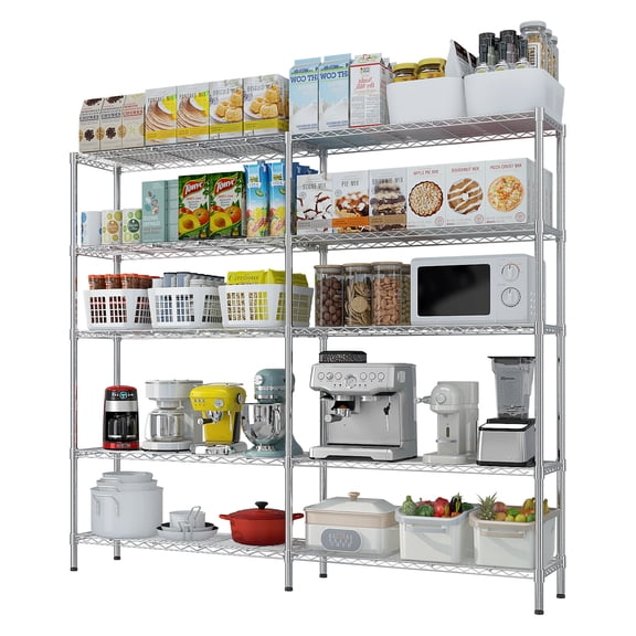 5-Tier Heavy Duty Chrome Shelving Unit, Adjustable Commercial Storage Rack with Leveling Feet, 70" W x 16" D x 71" H, Metal Display Shelves for Garage Pantry Kitchen Warehouse