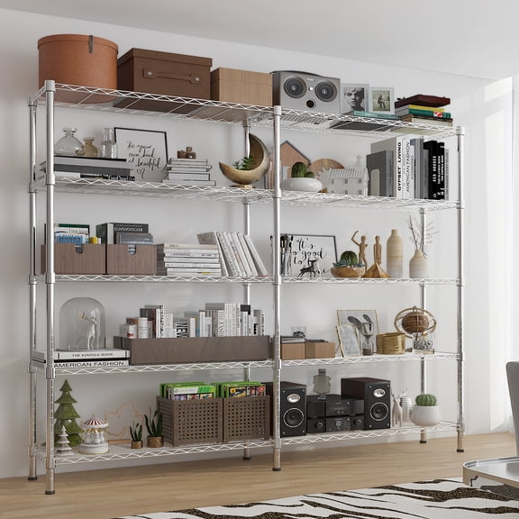 5-Tier Heavy Duty Chrome Shelving Unit, Adjustable Metal Storage Rack with Leveling Feet, 58" W x 14" D x 71" H, Commercial Grade Display Shelf for Kitchen Garage Pantry