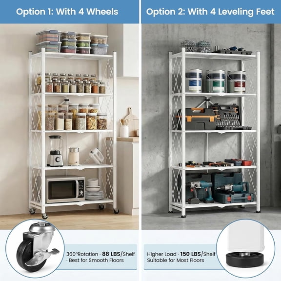 5 Tier Heavy Duty Folding Shelf on Wheels, No Assembly Rolling Collapsible Storage Rack for Kitchen Basement Pantry, White