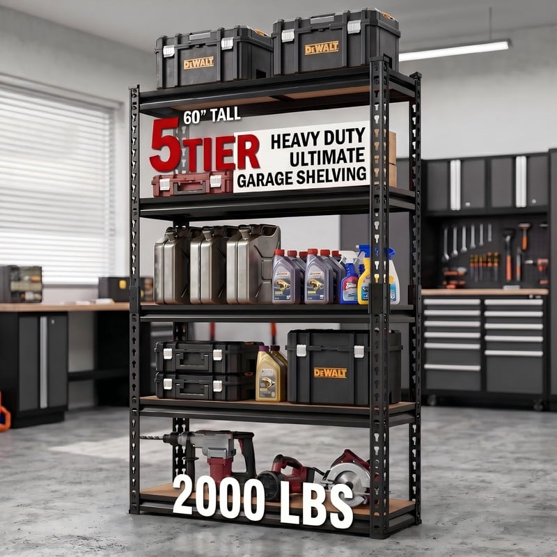 5-Tier Heavy Duty Garage Shelving Unit, 2000 LBS Capacity Storage Rack with Adjustable Shelves, 60" x 28" x 12" Boltless Metal Shelf for Basement, Pantry & Workbench, Black