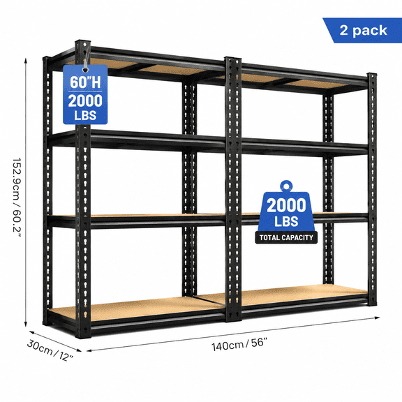 5-Tier Heavy Duty Garage Shelving Unit 2000LBS, 60"2p Adjustable Metal Storage Rack, Boltless Utility Shelf for Basement Kitchen Pantry Laundry Workshop Closet Organization, Black