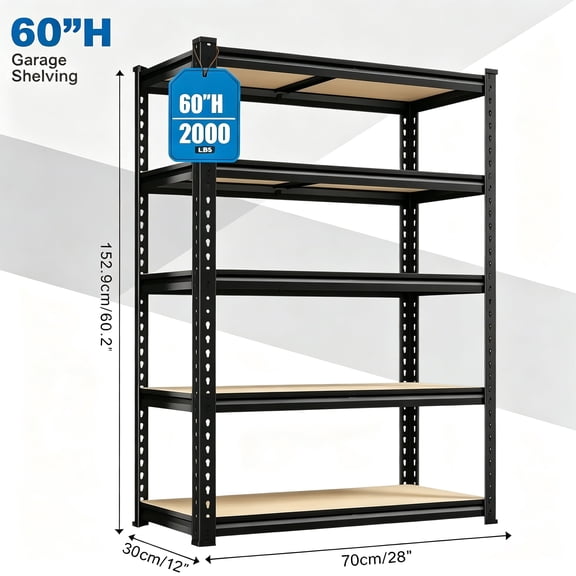 5-Tier Heavy Duty Garage Shelving Unit 2000LBS, 60" Adjustable Metal Storage Rack, Boltless Utility Shelf for Basement Kitchen Pantry Laundry Workshop Closet Organization, Black
