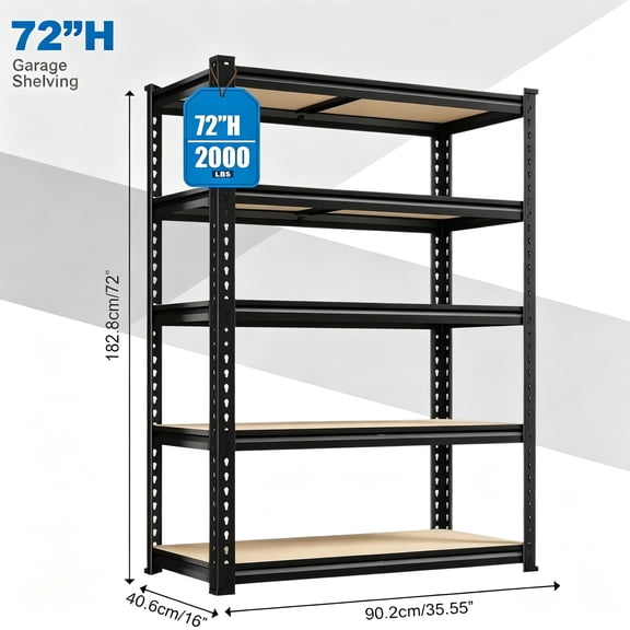 5-Tier Heavy Duty Garage Shelving Unit 2000LBS, 60" Adjustable Metal Storage Rack, Boltless Utility Shelf for Basement Kitchen Pantry Laundry Workshop Closet Organization, Black