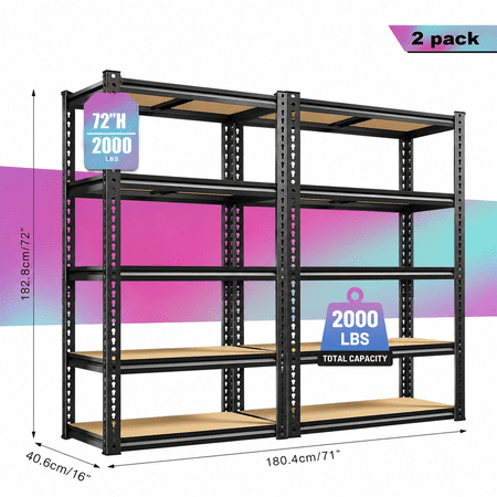5-Tier Heavy Duty Garage Shelving Unit 2000LBS, 72"2PCS Adjustable Metal Storage Rack, Boltless Utility Shelf for Basement Kitchen Pantry Laundry Workshop Closet Organization, Black