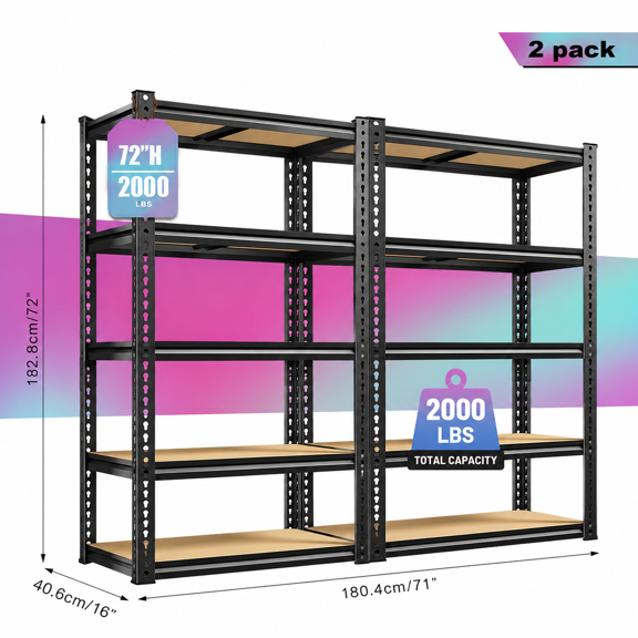 5-Tier Heavy Duty Garage Shelving Unit 2000LBS, 72"2PCS Adjustable Metal Storage Rack, Boltless Utility Shelf for Basement Kitchen Pantry Laundry Workshop Closet Organization, Black