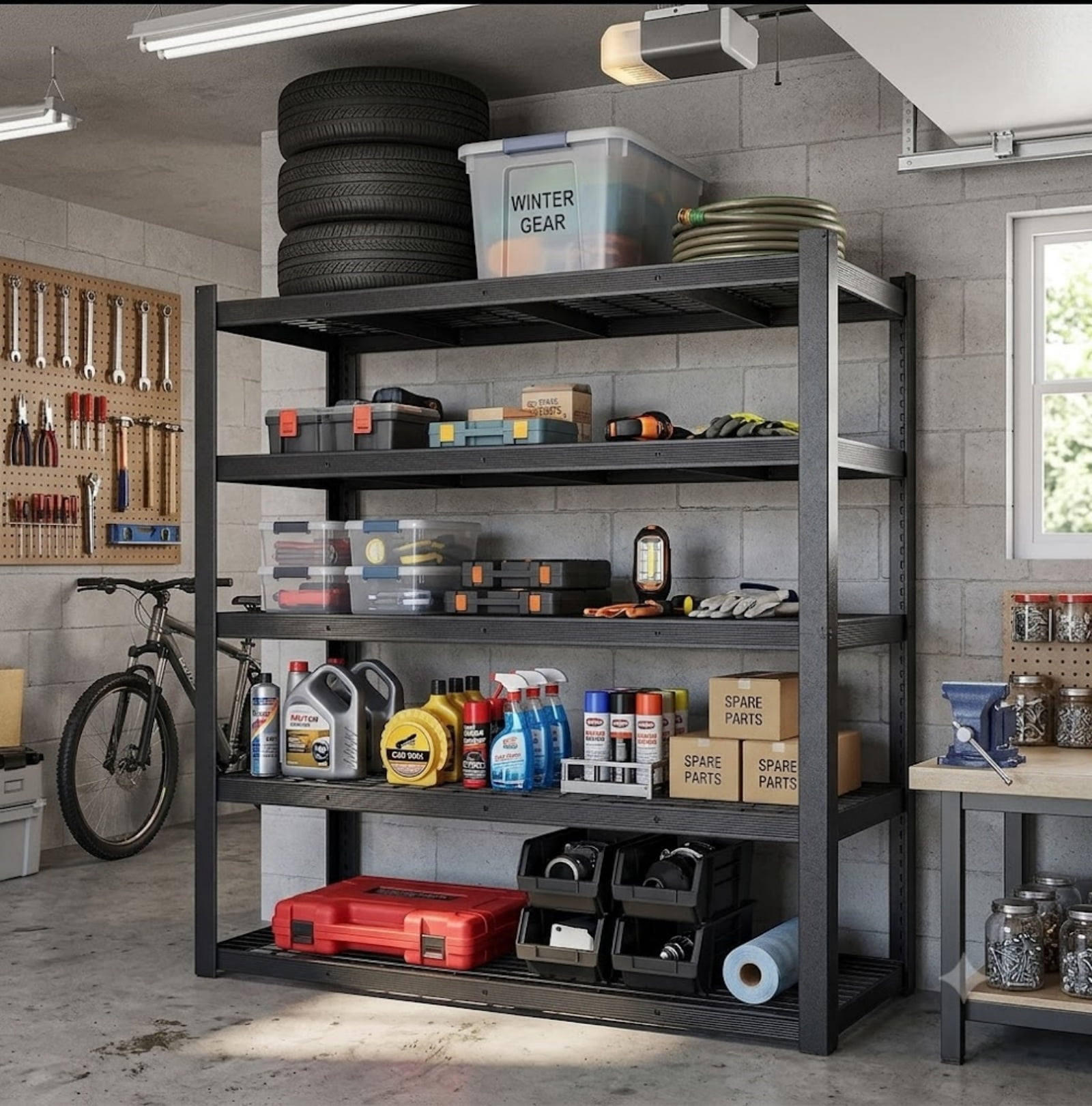 5-Tier Heavy Duty Metal Garage Shelving, 62''W Adjustable Shelving Unit Storage Shelves, Garage Rack, Metal Storage Shelves for Garage Storage