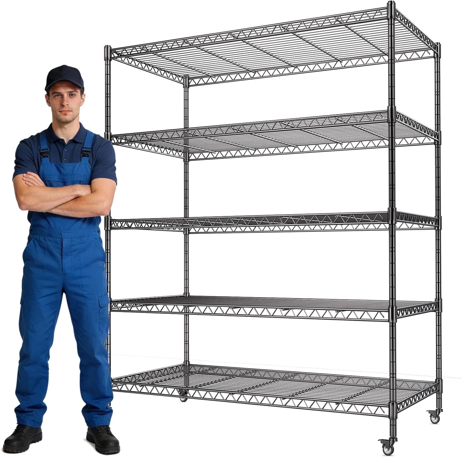 AIRAJ 5-Tier Heavy Duty Metal Shelving Unit with Wheels, 3000lbs Capacity Industrial Wire Storage Rack, Adjustable Garage Shelves & Workshop Organizer, 46"W x 16"D x 72"H