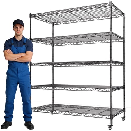 AIRAJ 5-Tier Heavy Duty Metal Shelving Unit with Wheels, 3000lbs Capacity Industrial Wire Storage Rack, Adjustable Garage Shelves & Workshop Organizer, 46"W x 16"D x 72"H