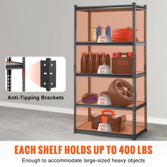 Industrial 5-Tier Steel Shelving Unit, 2000 lb Capacity, Adjustable Storage Rack for Garage, Warehouse, Kitchen, Black, 35" L x 18" W x 71" H