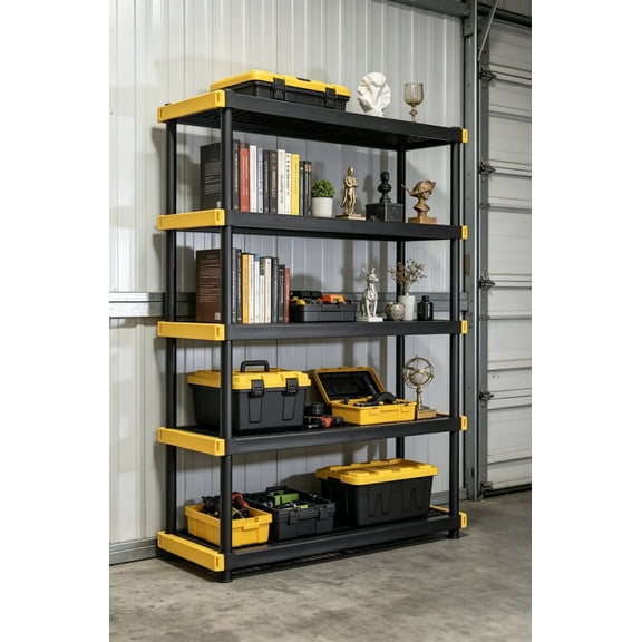 5-Tier Heavy Duty Plastic Storage Shelves, Supports up to 200 lbs per Shelf, Organization and Storage, Weather-Resistant Design, Easy Assembly, 72"H x 48"W x 20"D, Black & Yellow