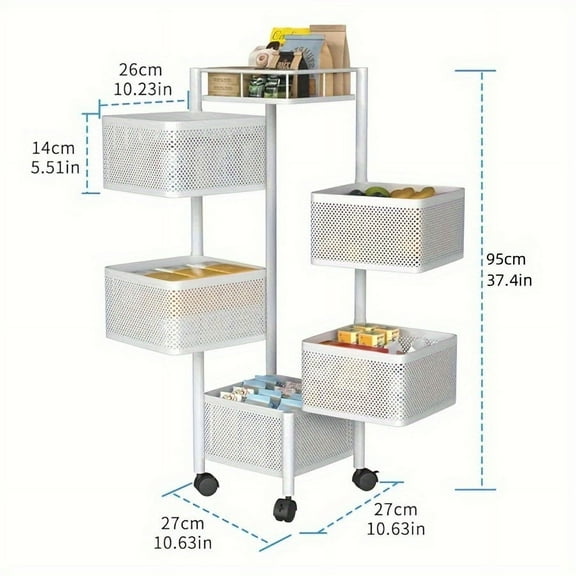 5-Tier Heavy-Duty Rotating Storage Cart, Locking Shelves & 4-Wheel Mobility, No Assembly Iron Rolling Cabinet, Space-Saving Multi-Purpose Shelving for Pantry/Bathroom