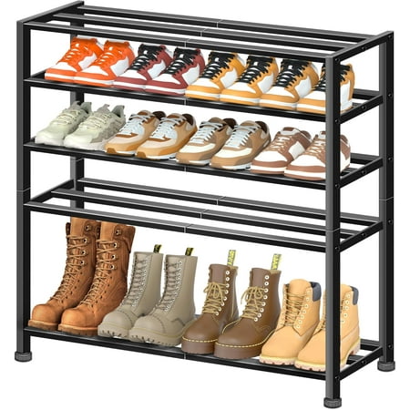 5-Tier Heavy Duty Shoe Rack for Garage Entryway, Stackable Shoe Organizer for 25 Pairs Men Boots, Shoe Rack for Closet Metal Shoe Storage Shelf, Floor, Hallway (Black)