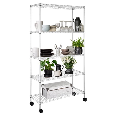 HiiKaa 5-Tier Heavy Duty Steel Utility Shelving Unit Steel Organizer Wire Rack with Wheels for Home,Kitchen,Office,Silver