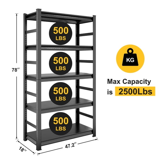 5-Tier Heavy Duty Storage Shelves, 78"H x 47.2"W x 18"D Metal Shelving Unit, 2500lbs Capacity Adjustable Garage Shelving Rack for Kitchen, Garage, Pantry