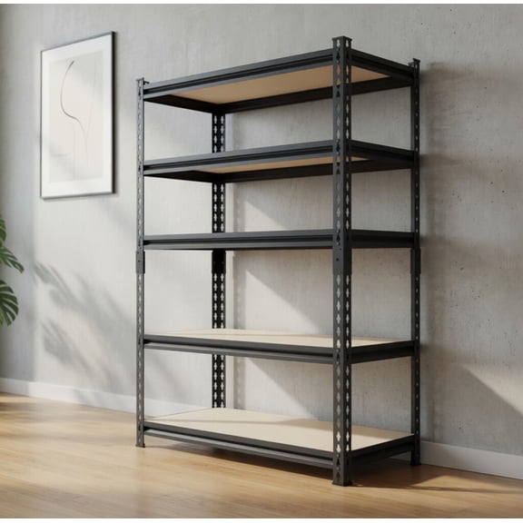 5-Tier Heavy Duty Storage Shelving Unit, 28.03" W x 12" D x 60" H Adjustable Steel Frame Utility Rack, Total 2000 LBS Load Capacity, Boltless Organizer with Wood Shelves for Garage Kitchen Pantry