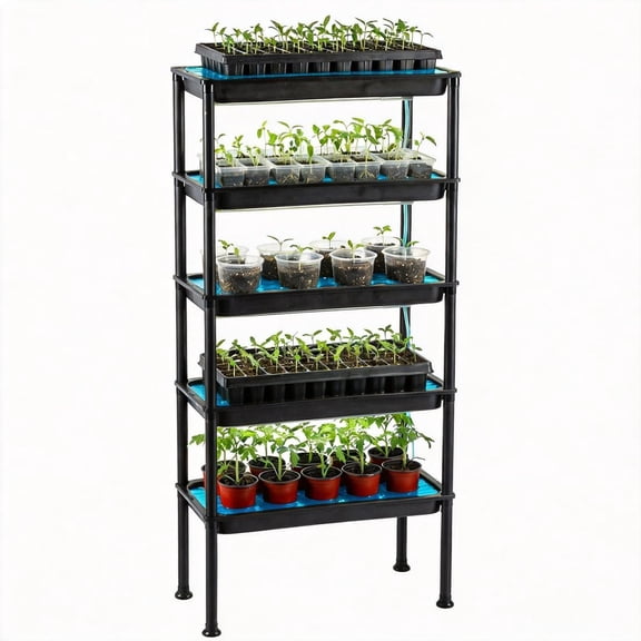 5-Tier Hydroponics Growing System, Plant Stand, Ebb and Flow Seedbeds, Siphoning Circulation Watering for Indoor/Greenhouse, Designed Seed Starter Nursery Cell Trays, Pots