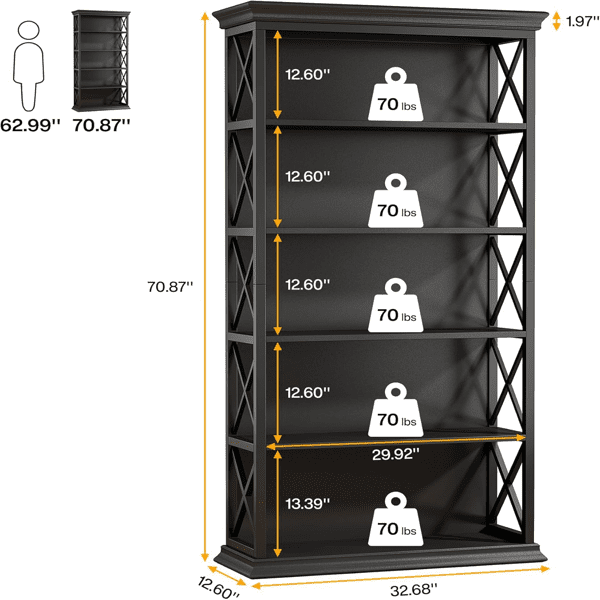 5-Tier Industrial Art Bookcase with X-Pattern Sides, E0 Panels & Black ...