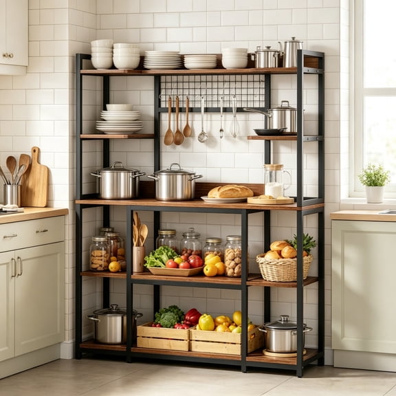 5-Tier Industrial Bakers Storage Rack with S Hooks Particleboard & Powder Coated Metal Kitchen Coffee Station Organizer for Entryway Living Room