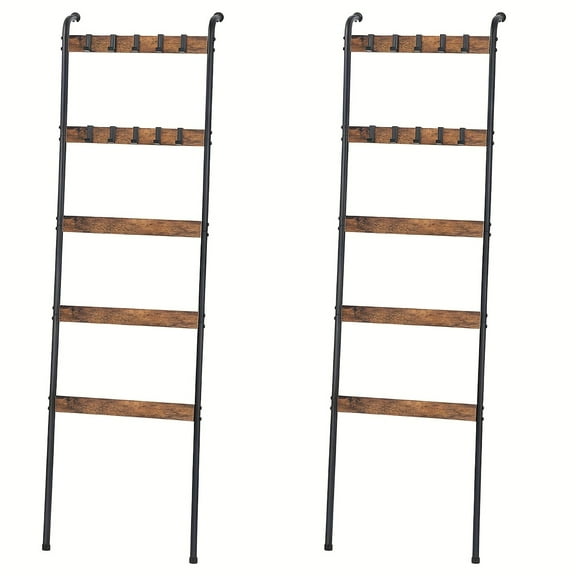 5-Tier Industrial Blanket Ladder (Rustic Brown & Black) -10 Removable Hooks, Metal Frame - Holds Blankets, Scarves & More - Living Room/Bathroom Storage - Durable Wooden Shelves, Versatile Towel Rack
