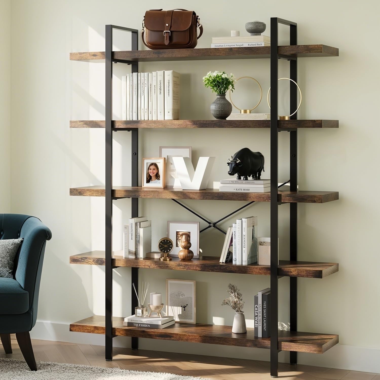 5-Tier Industrial Bookcase, 47 Inch Wide Wood Bookshelf, 120lbs Shelf Capacity, Rustic Open Shelving Heavy Duty Display with Reinforced Horizontal Brown Shelves for Living Room Bedroom Office