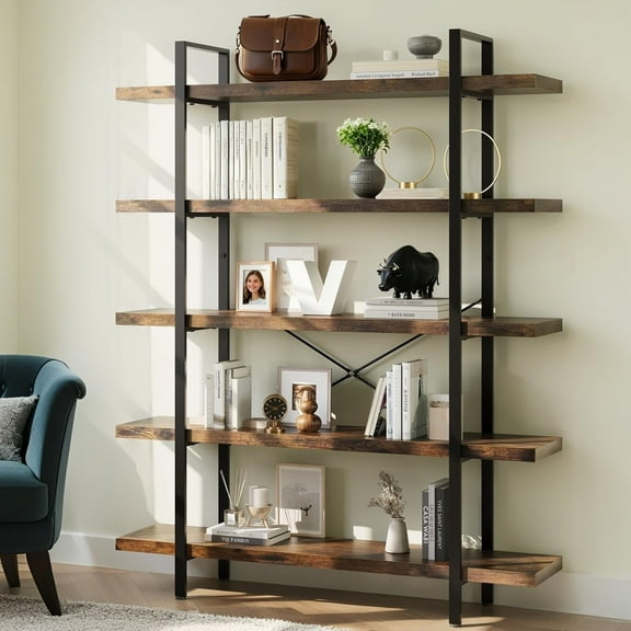 5-Tier Industrial Bookcase, 47 Inch Wide Wood Bookshelf, 120lbs Shelf Capacity, Rustic Open Shelving Heavy Duty Display with Reinforced Horizontal Brown Shelves for Living Room Bedroom Office