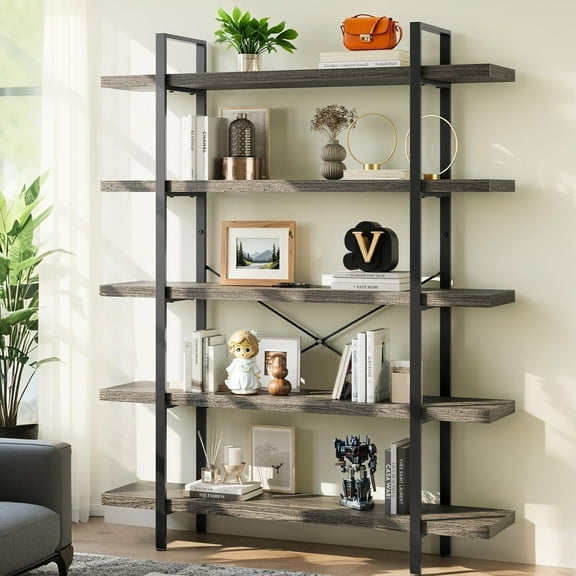 5-Tier Industrial Bookcase, 47 Inch Wide Wood Bookshelf, 120lbs Shelf Capacity, Rustic Open Shelving Heavy Duty Display with Reinforced Horizontal Grey Shelves for Living Room Bedroom Office