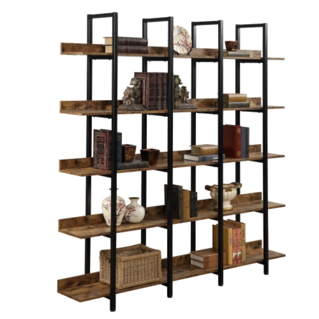 5-Tier Industrial Bookcase, Vintage Open Bookshelf with Metal Frame & MDF Shelves, 80 Lbs Per Shelf, Freestanding Display Storage Rack for Living Room & Home Office, Brown