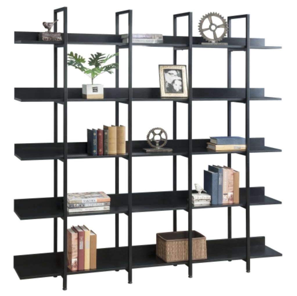 5-Tier Industrial Bookcase, Vintage Open Bookshelf with Metal Frame & MDF Shelves, 80 Lbs Per Shelf, Freestanding Display Storage Rack for Living Room & Home Office, Black