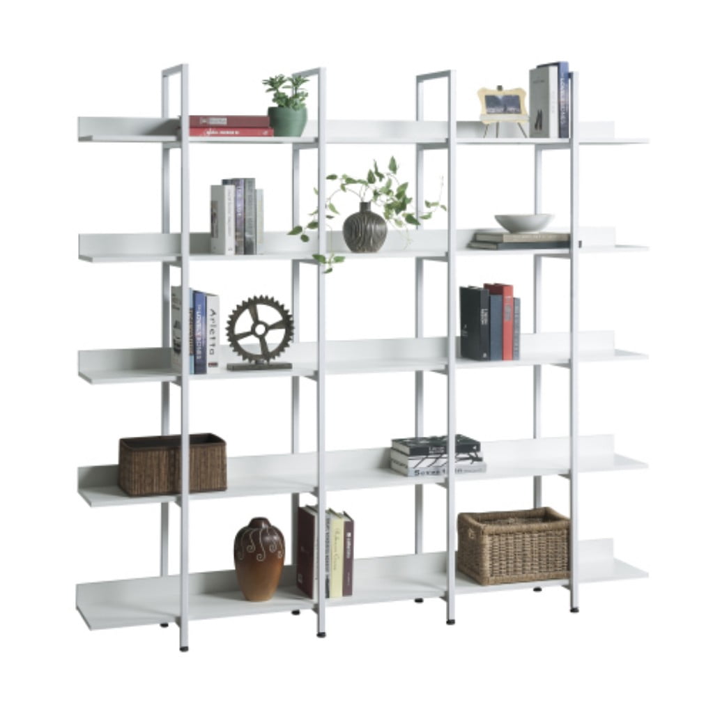 5-Tier Industrial Bookcase, Vintage Open Bookshelf with Metal Frame & MDF Shelves, 80 Lbs Per Shelf, Freestanding Display Storage Rack for Living Room & Home Office, White
