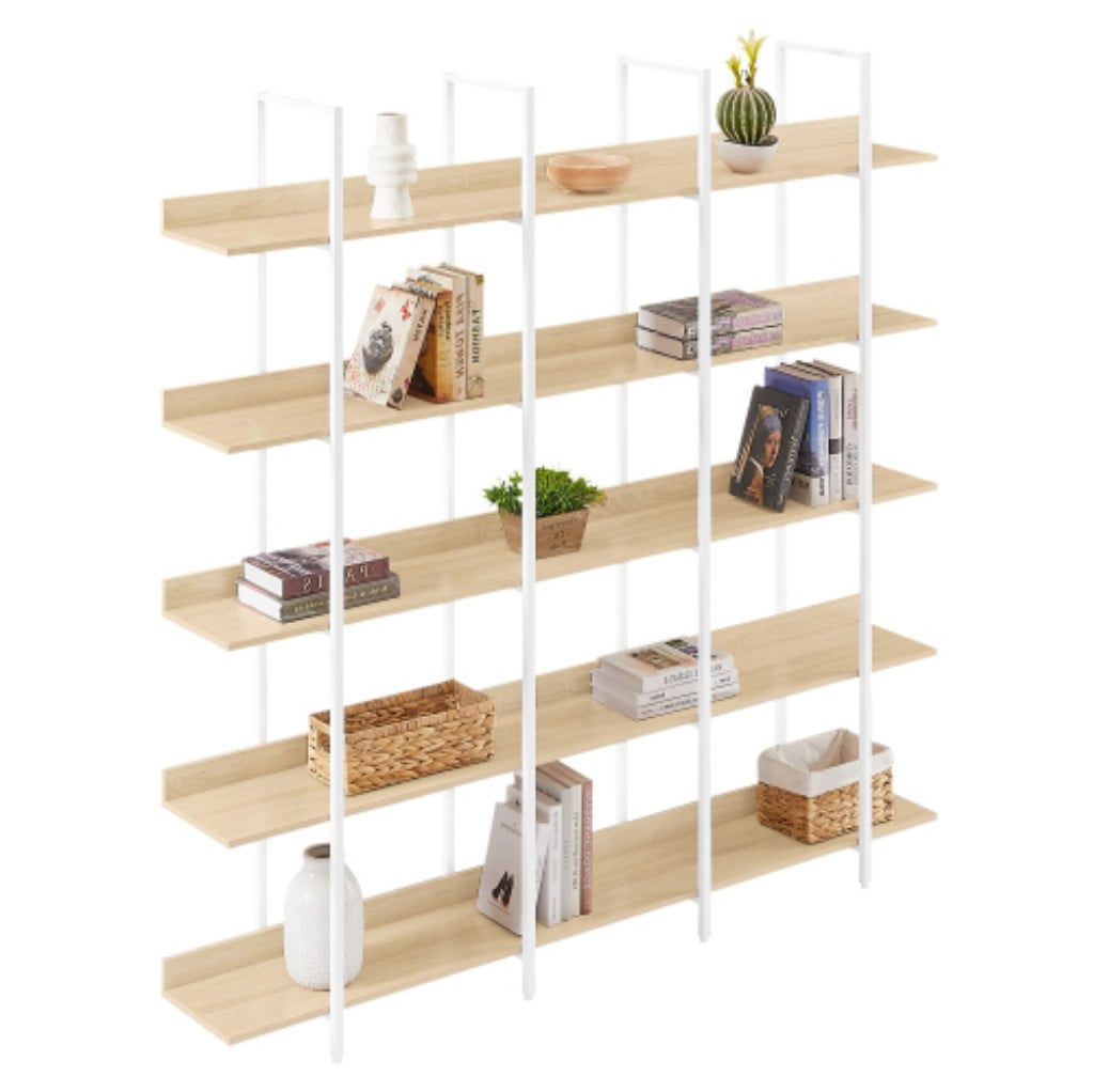 5-Tier Industrial Bookcase, Vintage Open Bookshelf with Metal Frame & MDF Shelves, 80 Lbs Per Shelf, Freestanding Display Storage Rack for Living Room & Home Office, White+Oak