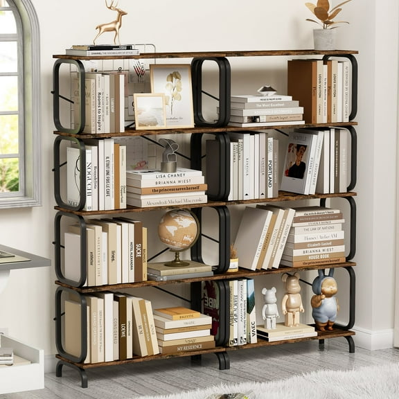 5-Tier Industrial Bookshelf, Rustic Brown Tall Bookcase with Open Wood and Metal Design, Vintage Storage Organizer for Books, CDs, Movies, Multi-Purpose Shelf for Living Room, Bedroom, Home Office