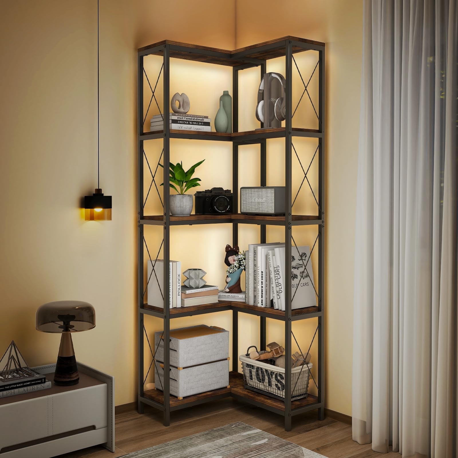 Photo inspiration: Visual Reference: 5 Tier Industrial Corner Bookshelf Metal Frame Open Shelves Storage
