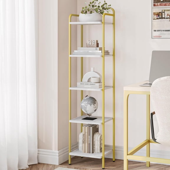 5-Tier Industrial Corner Bookshelf, Slim Narrow Shelving Unit, White Gold, 11.8"D x 13"W x 54"H