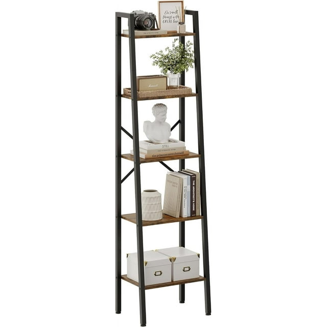 5-Tier Industrial Ladder Bookshelf, Narrow Ladder Shelf, Tall Standing Bookshelf, Skinny Open Ladder Shelf, for Living Room, Home Office, Kitchen, Bedroom, Metal Frame, Greige