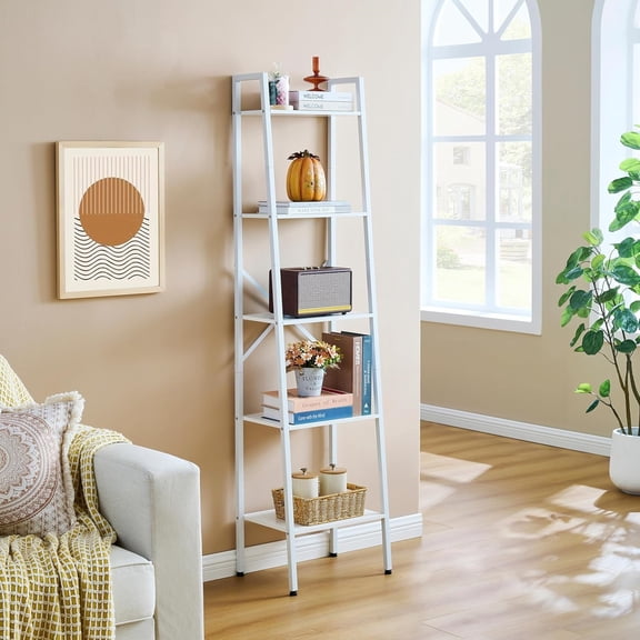 5-Tier Industrial Ladder Bookshelf, Narrow Ladder Shelf, Tall Standing Bookshelf, Skinny Open Ladder Shelf, for Living Room, Home Office, Kitchen, Bedroom, Metal Frame, White