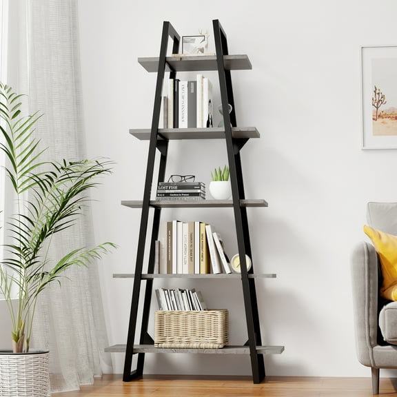 5-Tier Industrial Ladder Bookshelf - Tall Open Wood Display Shelf for Living Room, Bedroom & Office