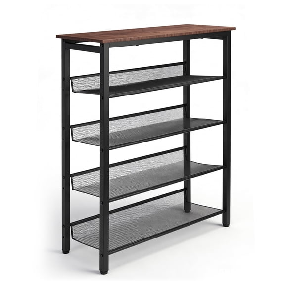 5-Tier Industrial Shoe Rack with Spacious Rustic Brown Top, Adjustable Metal Mesh Shelves, Freestanding Shoe Storage Organizer for Entryway & Closet