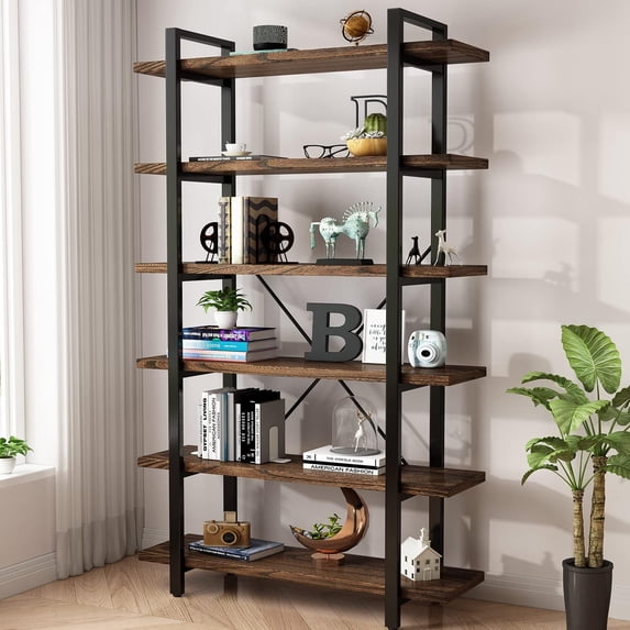 View of 5-Tier Industrial Style Solid Wood Bookcase and Book Shelves Rustic ...