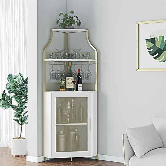 5-Tier Industrial Wine Cabinet with Glass Holder, Farmhouse Corner Bar Display Cabinet, Metal&Wood Bar Coffee Table, Freestanding Wine Rack for Home, Office, Cafe, Pub